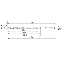 MVS1080X15S120 DP1020 10.8 mm Dia. × 12 mm Shank × 200 mm Flute Length × 264 mm OAL, 140°, 2 Flute, Coolant Thru, Solid Carbide Drill