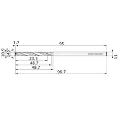 MVS1090X02S110PL DP1020 10.9 mm Dia. × 11 mm Shank × 48.7 mm Flute Length × 96.7 mm OAL, 145°, 2 Flute, Coolant Thru, Solid Carbide Drill