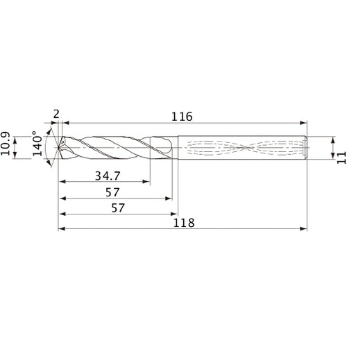 MVS1090X03S110 DP1020 10.9 mm Dia. × 11 mm Shank × 57 mm Flute Length × 118 mm OAL, 140°, 2 Flute, Coolant Thru, Solid Carbide Drill