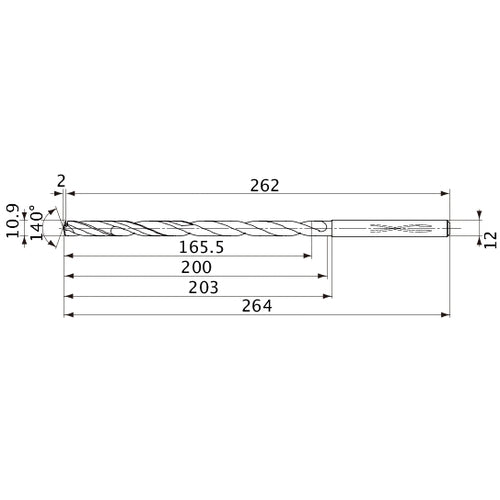 MVS1090X15S120 DP1020 10.9 mm Dia. × 12 mm Shank × 200 mm Flute Length × 264 mm OAL, 140°, 2 Flute, Coolant Thru, Solid Carbide Drill