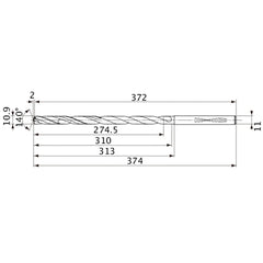 MVS1090X25S110 DP1020 10.9 mm Dia. × 11 mm Shank × 310 mm Flute Length × 374 mm OAL, 140°, 2 Flute, Coolant Thru, Solid Carbide Drill