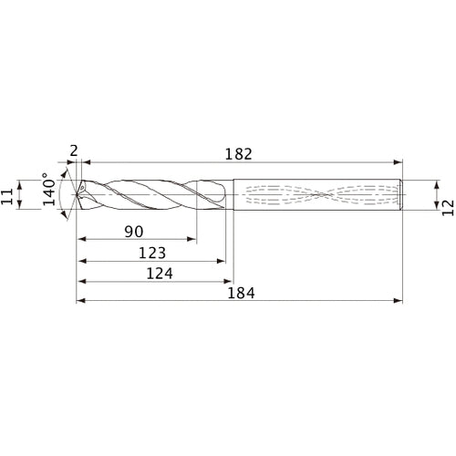 MVS1100X08S120 DP1020 11 mm Dia. × 12 mm Shank × 123 mm Flute Length × 184 mm OAL, 140°, 2 Flute, Coolant Thru, Solid Carbide Drill