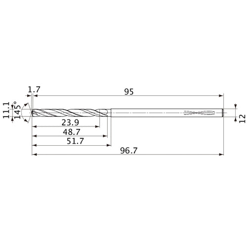 MVS1110X02S120PL DP1020 11.1 mm Dia. × 12 mm Shank × 48.7 mm Flute Length × 96.7 mm OAL, 145°, 2 Flute, Coolant Thru, Solid Carbide Drill