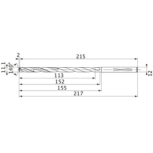 MVS1110X10S120 DP1020 11.1 mm Dia. × 12 mm Shank × 152 mm Flute Length × 217 mm OAL, 140°, 2 Flute, Coolant Thru, Solid Carbide Drill