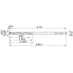MVS1111X02S120PL DP1020 0.437″ Dia. × 0.472″ Shank × 1.921″ Flute Length × 3.811″ OAL, 145°, 2 Flute, Coolant Thru, Solid Carbide Drill
