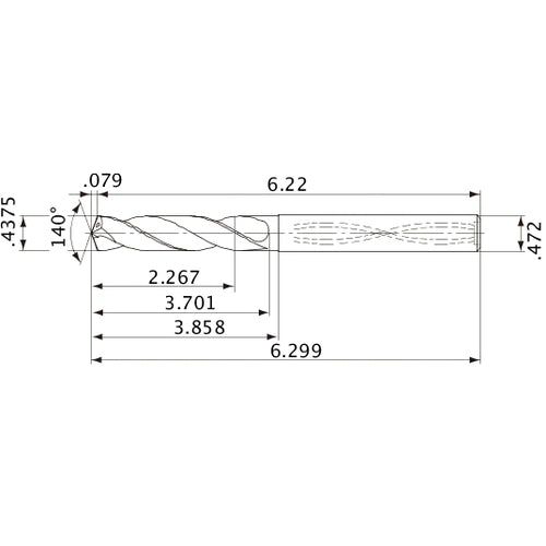 MVS1111X05S120 DP1020 7/16″ Dia. × 0.472″ Shank × 3.701″ Flute Length × 6.299″ OAL, 140°, 2 Flute, Coolant Thru, Solid Carbide Drill