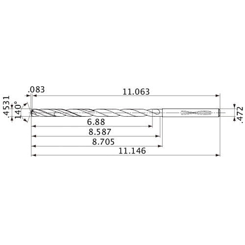 MVS1151X15S120 DP1020 0.4531″ Dia. × 0.472″ Shank × 8.587″ Flute Length × 11.146″ OAL, 140°, 2 Flute, Coolant Thru, Solid Carbide Drill