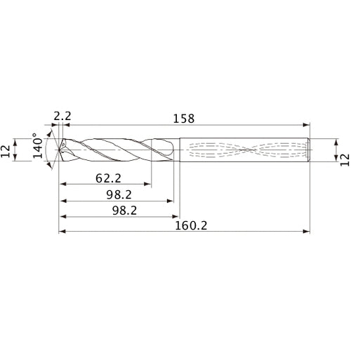 MVS1200X05S120 DP1020 12 mm Dia. × 12 mm Shank × 98.2 mm Flute Length × 160.2 mm OAL, 140°, 2 Flute, Coolant Thru, Solid Carbide Drill
