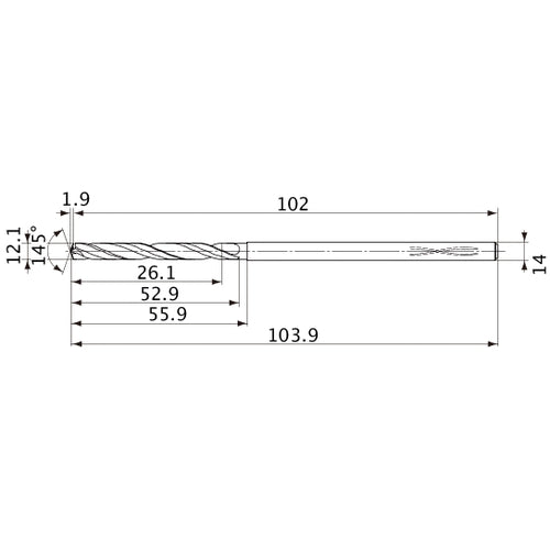MVS1210X02S140PL DP1020 12.1 mm Dia. × 14 mm Shank × 52.9 mm Flute Length × 103.9 mm OAL, 145°, 2 Flute, Coolant Thru, Solid Carbide Drill