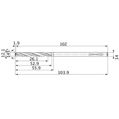 MVS1210X02S140PL DP1020 12.1 mm Dia. × 14 mm Shank × 52.9 mm Flute Length × 103.9 mm OAL, 145°, 2 Flute, Coolant Thru, Solid Carbide Drill