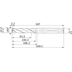 MVS1220X05S130 DP1020 12.2 mm Dia. × 13 mm Shank × 102.2 mm Flute Length × 169.2 mm OAL, 140°, 2 Flute, Coolant Thru, Solid Carbide Drill