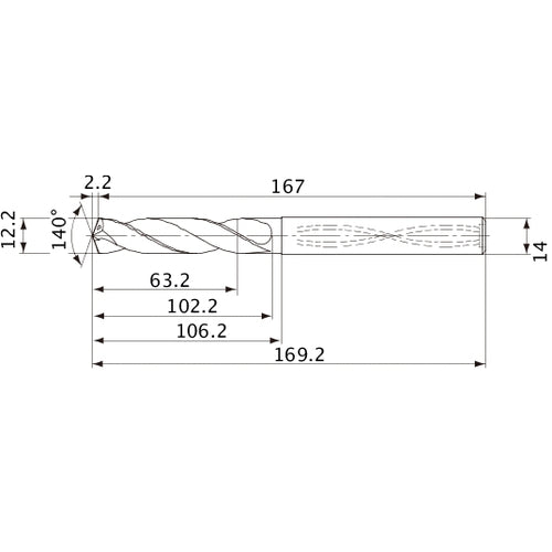 MVS1220X05S140 DP1020 12.2 mm Dia. × 14 mm Shank × 102.2 mm Flute Length × 169.2 mm OAL, 140°, 2 Flute, Coolant Thru, Solid Carbide Drill
