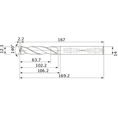 MVS1230X05S140 DP1020 12.3 mm Dia. × 14 mm Shank × 102.2 mm Flute Length × 169.2 mm OAL, 140°, 2 Flute, Coolant Thru, Solid Carbide Drill