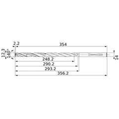 MVS1230X20S140 DP1020 12.3 mm Dia. × 14 mm Shank × 290.2 mm Flute Length × 356.2 mm OAL, 140°, 2 Flute, Coolant Thru, Solid Carbide Drill