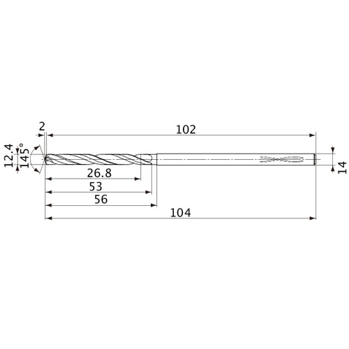 MVS1240X02S140PL DP1020 12.4 mm Dia. × 14 mm Shank × 53 mm Flute Length × 104 mm OAL, 145°, 2 Flute, Coolant Thru, Solid Carbide Drill