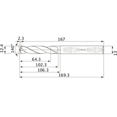 MVS1240X05S130 DP1020 12.4 mm Dia. × 13 mm Shank × 102.3 mm Flute Length × 169.3 mm OAL, 140°, 2 Flute, Coolant Thru, Solid Carbide Drill