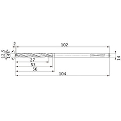 MVS1250X02S140PL DP1020 12.5 mm Dia. × 14 mm Shank × 53 mm Flute Length × 104 mm OAL, 145°, 2 Flute, Coolant Thru, Solid Carbide Drill