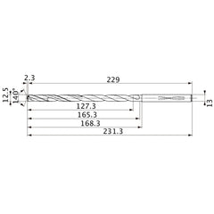 MVS1250X10S130 DP1020 12.5 mm Dia. × 13 mm Shank × 165.3 mm Flute Length × 231.3 mm OAL, 140°, 2 Flute, Coolant Thru, Solid Carbide Drill