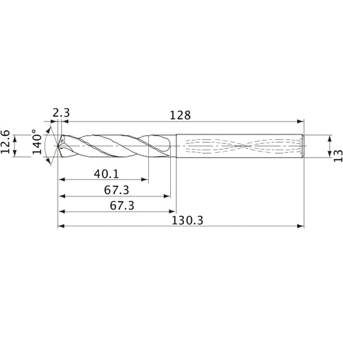 MVS1260X03S130 DP1020 12.6 mm Dia. × 13 mm Shank × 67.3 mm Flute Length × 130.3 mm OAL, 140°, 2 Flute, Coolant Thru, Solid Carbide Drill
