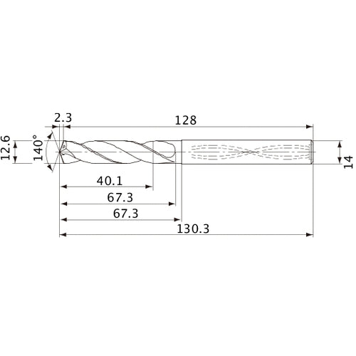MVS1260X03S140 DP1020 12.6 mm Dia. × 14 mm Shank × 67.3 mm Flute Length × 130.3 mm OAL, 140°, 2 Flute, Coolant Thru, Solid Carbide Drill
