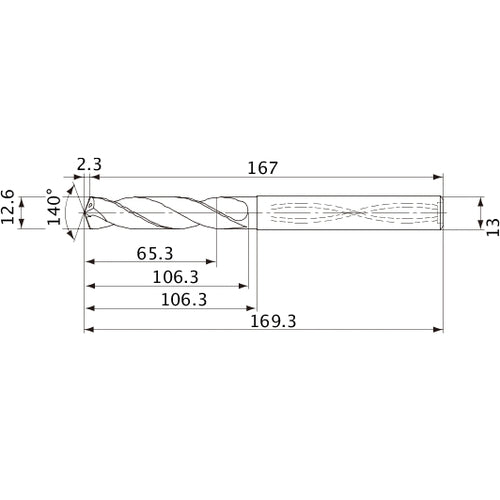 MVS1260X05S130 DP1020 12.6 mm Dia. × 13 mm Shank × 106.3 mm Flute Length × 169.3 mm OAL, 140°, 2 Flute, Coolant Thru, Solid Carbide Drill