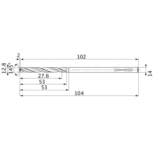 MVS1280X02S140PL DP1020 12.8 mm Dia. × 14 mm Shank × 53 mm Flute Length × 104 mm OAL, 145°, 2 Flute, Coolant Thru, Solid Carbide Drill