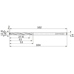 MVS1280X02S140PL DP1020 12.8 mm Dia. × 14 mm Shank × 53 mm Flute Length × 104 mm OAL, 145°, 2 Flute, Coolant Thru, Solid Carbide Drill
