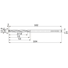 MVS1290X02S140PL DP1020 12.9 mm Dia. × 14 mm Shank × 53 mm Flute Length × 104 mm OAL, 145°, 2 Flute, Coolant Thru, Solid Carbide Drill