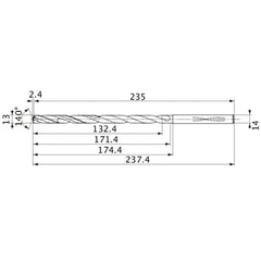 MVS1300X10S140 DP1020 13 mm Dia. × 14 mm Shank × 171.4 mm Flute Length × 237.4 mm OAL, 140°, 2 Flute, Coolant Thru, Solid Carbide Drill