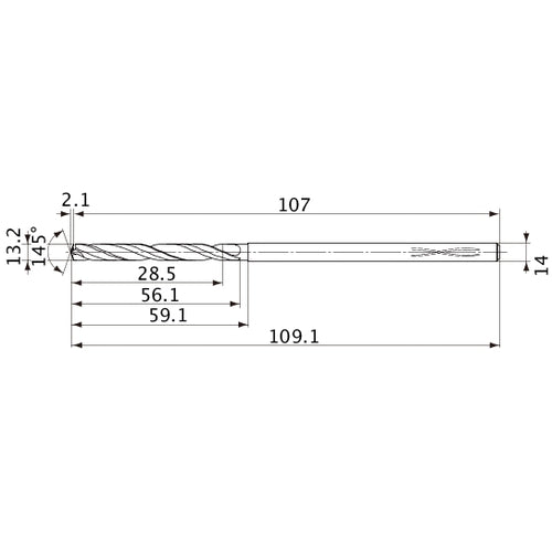 MVS1320X02S140PL DP1020 13.2 mm Dia. × 14 mm Shank × 56.1 mm Flute Length × 109.1 mm OAL, 145°, 2 Flute, Coolant Thru, Solid Carbide Drill