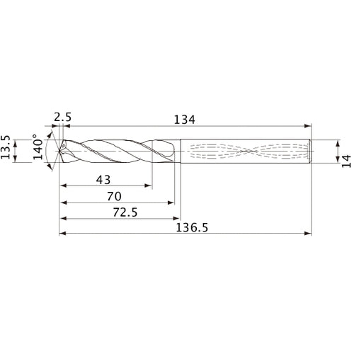 MVS1350X03S140 DP1020 13.5 mm Dia. × 14 mm Shank × 70 mm Flute Length × 136.5 mm OAL, 140°, 2 Flute, Coolant Thru, Solid Carbide Drill