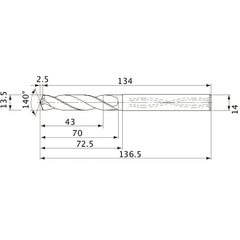 MVS1350X03S140 DP1020 13.5 mm Dia. × 14 mm Shank × 70 mm Flute Length × 136.5 mm OAL, 140°, 2 Flute, Coolant Thru, Solid Carbide Drill