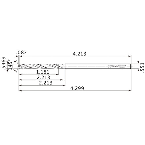 MVS1389X02S140PL DP1020 0.5469″ Dia. × 0.551″ Shank × 2.213″ Flute Length × 4.299″ OAL, 145°, 2 Flute, Coolant Thru, Solid Carbide Drill