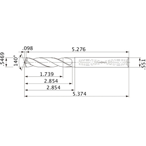 MVS1389X03S140 DP1020 0.5469″ Dia. × 0.551″ Shank × 2.854″ Flute Length × 5.374″ OAL, 140°, 2 Flute, Coolant Thru, Solid Carbide Drill