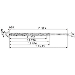 MVS1389X20S140 DP1020 0.5469″ Dia. × 0.551″ Shank × 12.776″ Flute Length × 15.413″ OAL, 140°, 2 Flute, Coolant Thru, Solid Carbide Drill