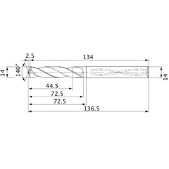 MVS1400X03S140 DP1020 14 mm Dia. × 14 mm Shank × 72.5 mm Flute Length × 136.5 mm OAL, 140°, 2 Flute, Coolant Thru, Solid Carbide Drill
