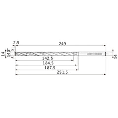 MVS1400X10S140 DP1020 14 mm Dia. × 14 mm Shank × 184.5 mm Flute Length × 251.5 mm OAL, 140°, 2 Flute, Coolant Thru, Solid Carbide Drill