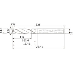 MVS1430X08S160 DP1020 14.3 mm Dia. × 16 mm Shank × 162.6 mm Flute Length × 227.6 mm OAL, 140°, 2 Flute, Coolant Thru, Solid Carbide Drill