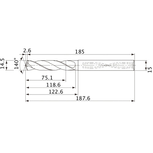 MVS1450X05S150 DP1020 14.5 mm Dia. × 15 mm Shank × 118.6 mm Flute Length × 187.6 mm OAL, 140°, 2 Flute, Coolant Thru, Solid Carbide Drill