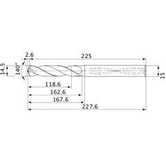 MVS1450X08S150 DP1020 14.5 mm Dia. × 15 mm Shank × 162.6 mm Flute Length × 227.6 mm OAL, 140°, 2 Flute, Coolant Thru, Solid Carbide Drill
