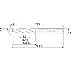 MVS1450X08S160 DP1020 14.5 mm Dia. × 16 mm Shank × 162.6 mm Flute Length × 227.6 mm OAL, 140°, 2 Flute, Coolant Thru, Solid Carbide Drill