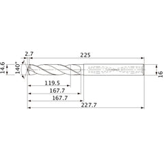 MVS1460X08S160 DP1020 14.6 mm Dia. × 16 mm Shank × 167.7 mm Flute Length × 227.7 mm OAL, 140°, 2 Flute, Coolant Thru, Solid Carbide Drill