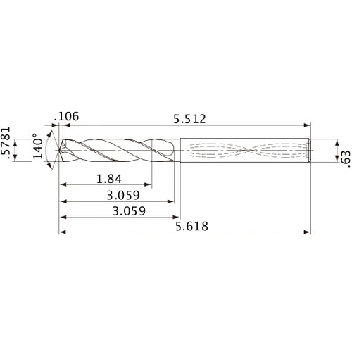 MVS1468X03S160 DP1020 0.5781″ Dia. × 0.63″ Shank × 3.059″ Flute Length × 5.618″ OAL, 140°, 2 Flute, Coolant Thru, Solid Carbide Drill