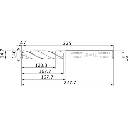 MVS1470X08S160 DP1020 14.7 mm Dia. × 16 mm Shank × 167.7 mm Flute Length × 227.7 mm OAL, 140°, 2 Flute, Coolant Thru, Solid Carbide Drill