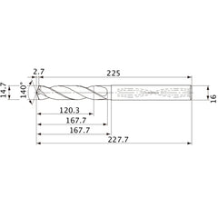 MVS1470X08S160 DP1020 14.7 mm Dia. × 16 mm Shank × 167.7 mm Flute Length × 227.7 mm OAL, 140°, 2 Flute, Coolant Thru, Solid Carbide Drill