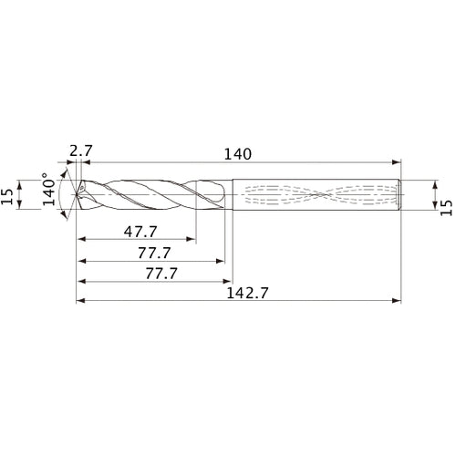 MVS1500X03S150 DP1020 15 mm Dia. × 15 mm Shank × 77.7 mm Flute Length × 142.7 mm OAL, 140°, 2 Flute, Coolant Thru, Solid Carbide Drill
