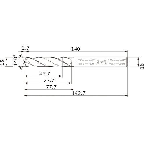 MVS1500X03S160 DP1020 15 mm Dia. × 16 mm Shank × 77.7 mm Flute Length × 142.7 mm OAL, 140°, 2 Flute, Coolant Thru, Solid Carbide Drill