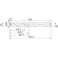MVS1500X08S160 DP1020 15 mm Dia. × 16 mm Shank × 167.7 mm Flute Length × 227.7 mm OAL, 140°, 2 Flute, Coolant Thru, Solid Carbide Drill