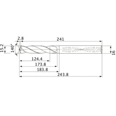 MVS1520X08S160 DP1020 15.2 mm Dia. × 16 mm Shank × 173.8 mm Flute Length × 243.8 mm OAL, 140°, 2 Flute, Coolant Thru, Solid Carbide Drill