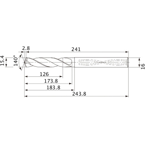MVS1540X08S160 DP1020 15.4 mm Dia. × 16 mm Shank × 173.8 mm Flute Length × 243.8 mm OAL, 140°, 2 Flute, Coolant Thru, Solid Carbide Drill